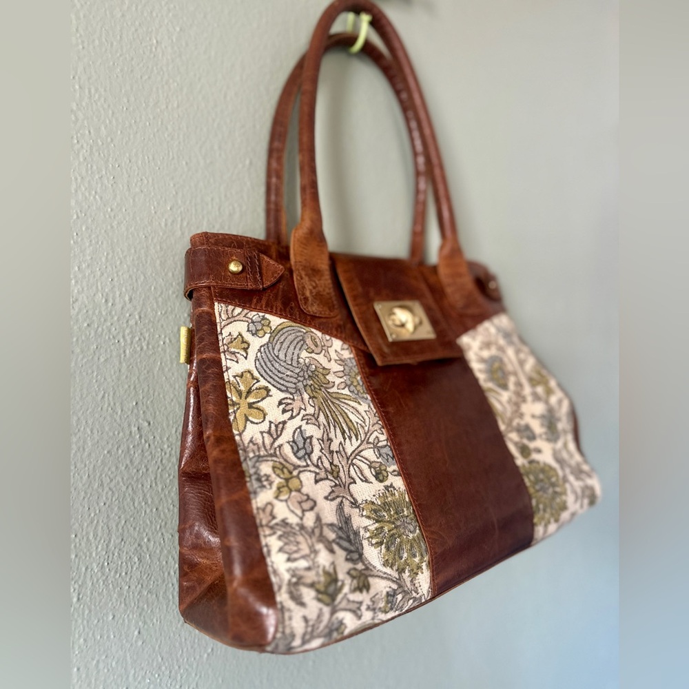 JOYN Vintage Distressed Leather & Floral Canvas Tote | Satchel Mary Poppins Bag